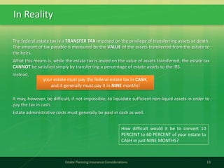 In Reality
13Estate Planning Insurance Considerations
your estate must pay the federal estate tax in CASH,
and it generally must pay it in NINE months!
How difficult would it be to convert 10
PERCENT to 60 PERCENT of your estate to
CASH in just NINE MONTHS?
The federal estate tax is a TRANSFER TAX imposed on the privilege of transferring assets at death.
The amount of tax payable is measured by the VALUE of the assets transferred from the estate to
the heirs.
What this means is, while the estate tax is levied on the value of assets transferred, the estate tax
CANNOT be satisfied simply by transferring a percentage of estate assets to the IRS.
Instead,
It may, however, be difficult, if not impossible, to liquidate sufficient non-liquid assets in order to
pay the tax in cash.
Estate administrative costs must generally be paid in cash as well.
 