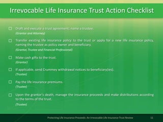 Irrevocable Life Insurance Trust Action Checklist
11Protecting Life Insurance Proceeds: An Irrevocable Life Insurance Trust Review
(Grantor and Attorney)
Draft and execute a trust agreement; name a trustee.
(Grantor, Trustee and Financial Professional)
Transfer existing life insurance policy to the trust or apply for a new life insurance policy,
naming the trustee as policy owner and beneficiary.
(Grantor)
Make cash gifts to the trust.
(Trustee)
If applicable, send Crummey withdrawal notices to beneficiary(ies).
(Trustee)
Pay the life insurance premiums.
(Trustee)
Upon the grantor’s death, manage the insurance proceeds and make distributions according
to the terms of the trust.
 