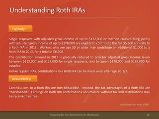 Understanding Roth IRAs
19Preparing for Your Retirement: An IRA Review
Eligibility:
Single taxpayers with adjusted gross income of up to $112,000 or married couples filing jointly
with adjusted gross income of up to $178,000 are eligible to contribute the full $5,500 annually to
a Roth IRA in 2013. Workers who are age 50 or older may contribute an additional $1,000 to a
Roth IRA in 2013, for a total of $6,500.
The contribution amount in 2013 is gradually reduced to zero for adjusted gross income levels
between $112,000 and $127,000 for single taxpayers, and between $178,000 and $188,000 for
couples.
Unlike regular IRAs, contributions to a Roth IRA can be made even after age 70-1/2.
Deductibility:
Contributions to a Roth IRA are non-deductible. Instead, the tax advantages of a Roth IRA are
“backloaded.” Earnings on Roth IRA contributions accumulate without tax and distributions may
be received tax free.
continued on next slide
 