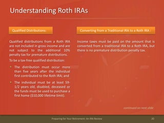 Understanding Roth IRAs
20Preparing for Your Retirement: An IRA Review
Qualified Distributions:
Qualified distributions from a Roth IRA
are not included in gross income and are
not subject to the additional 10%
penalty tax for premature distributions.
To be a tax-free qualified distribution:
Converting from a Traditional IRA to a Roth IRA :
Income taxes must be paid on the amount that is
converted from a traditional IRA to a Roth IRA, but
there is no premature distribution penalty tax.
continued on next slide
The distribution must occur more
than five years after the individual
first contributed to the Roth IRA; and
The individual must be at least 59-
1/2 years old, disabled, deceased or
the funds must be used to purchase a
first home ($10,000 lifetime limit).
 
