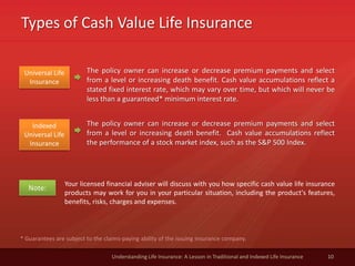 Types of Cash Value Life Insurance
10Understanding Life Insurance: A Lesson in Traditional and Indexed Life Insurance
Indexed
Universal Life
Insurance
The policy owner can increase or decrease premium payments and select
from a level or increasing death benefit. Cash value accumulations reflect
the performance of a stock market index, such as the S&P 500 Index.
Your licensed financial adviser will discuss with you how specific cash value life insurance
products may work for you in your particular situation, including the product's features,
benefits, risks, charges and expenses.
Note:
Universal Life
Insurance
The policy owner can increase or decrease premium payments and select
from a level or increasing death benefit. Cash value accumulations reflect a
stated fixed interest rate, which may vary over time, but which will never be
less than a guaranteed* minimum interest rate.
* Guarantees are subject to the claims-paying ability of the issuing insurance company.
 