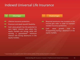 Indexed Universal Life Insurance
16Understanding Life Insurance: A Lesson in Traditional and Indexed Life Insurance
Advantages Disadvantages+ -
Lifetime insurance protection.
Premium and death benefit flexibility.
Cash value growth has the potential to
earn higher interest rates when the
equity markets are strong, while still
earning a guaranteed* minimum
interest rate during downturns in the
equity markets.
Required premiums may increase as the
insured gets older in order to maintain
needed insurance protection.
Cash value growth may be
disappointing during a downturn in the
equity markets.
* Guarantees are subject to the claims-paying ability of the issuing insurance company.
 