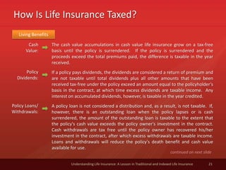 How Is Life Insurance Taxed?
21Understanding Life Insurance: A Lesson in Traditional and Indexed Life Insurance
Cash
Value:
The cash value accumulations in cash value life insurance grow on a tax-free
basis until the policy is surrendered. If the policy is surrendered and the
proceeds exceed the total premiums paid, the difference is taxable in the year
received.
If a policy pays dividends, the dividends are considered a return of premium and
are not taxable until total dividends plus all other amounts that have been
received tax-free under the policy exceed an amount equal to the policyholder’s
basis in the contract, at which time excess dividends are taxable income. Any
interest on accumulated dividends, however, is taxable in the year credited.
A policy loan is not considered a distribution and, as a result, is not taxable. If,
however, there is an outstanding loan when the policy lapses or is cash
surrendered, the amount of the outstanding loan is taxable to the extent that
the policy's cash value exceeds the policy owner's investment in the contract.
Cash withdrawals are tax free until the policy owner has recovered his/her
investment in the contract, after which excess withdrawals are taxable income.
Loans and withdrawals will reduce the policy's death benefit and cash value
available for use.
Policy
Dividends:
Policy Loans/
Withdrawals:
continued on next slide
Living Benefits
 