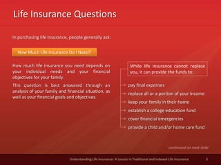 Life Insurance Questions
3Understanding Life Insurance: A Lesson in Traditional and Indexed Life Insurance
In purchasing life insurance, people generally ask:
How much life insurance you need depends on
your individual needs and your financial
objectives for your family.
This question is best answered through an
analysis of your family and financial situation, as
well as your financial goals and objectives.
continued on next slide
How Much Life Insurance Do I Need?
While life insurance cannot replace
you, it can provide the funds to:
pay final expenses
replace all or a portion of your income
keep your family in their home
establish a college education fund
cover financial emergencies
provide a child and/or home care fund
 