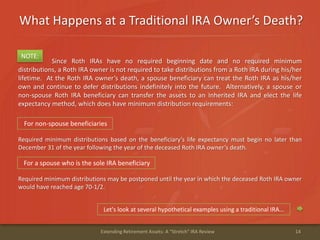 What Happens at a Traditional IRA Owner’s Death?
14Extending Retirement Assets: A "Stretch" IRA Review
Since Roth IRAs have no required beginning date and no required minimum
distributions, a Roth IRA owner is not required to take distributions from a Roth IRA during his/her
lifetime. At the Roth IRA owner’s death, a spouse beneficiary can treat the Roth IRA as his/her
own and continue to defer distributions indefinitely into the future. Alternatively, a spouse or
non-spouse Roth IRA beneficiary can transfer the assets to an Inherited IRA and elect the life
expectancy method, which does have minimum distribution requirements:
NOTE:
Required minimum distributions based on the beneficiary’s life expectancy must begin no later than
December 31 of the year following the year of the deceased Roth IRA owner’s death.
For non-spouse beneficiaries
Let's look at several hypothetical examples using a traditional IRA…
Required minimum distributions may be postponed until the year in which the deceased Roth IRA owner
would have reached age 70-1/2.
For a spouse who is the sole IRA beneficiary
 
