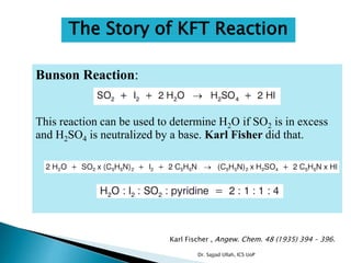 The Story of KFT Reaction
Bunson Reaction:
This reaction can be used to determine H2O if SO2 is in excess
and H2SO4 is neutralized by a base. Karl Fisher did that.
Karl Fischer , Angew. Chem. 48 (1935) 394 – 396.
Dr. Sajjad Ullah, ICS UoP
 