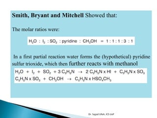 Smith, Bryant and Mitchell Showed that:
The molar ratios were:
In a first partial reaction water forms the (hypothetical) pyridine
sulfur trioxide, which then further reacts with methanol
Dr. Sajjad Ullah, ICS UoP
 