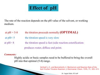 The rate of the reaction depends on the pH value of the solvent, or working
medium.
at pH = 5-8 the titration proceeds normally (OPTIMAL)
at pH< 5 the titration speed is very slow
at pH> 8 the titration speed is fast (side reaction-esterification-
produces water, diffuse end point.
Comments:
Highly acidic or basic samples need to be buffered to bring the overall
pH into that optimal (5-8) range.
Effect of pH
Verhoef, J. C. and Barendrecht, E. Mechanism and Reaction Rate of the
Karl-Fischer Titration Reaction. J. Electroanal. Chem. 1976, 71, 305-315
Dr. Sajjad Ullah, ICS UoP
 
