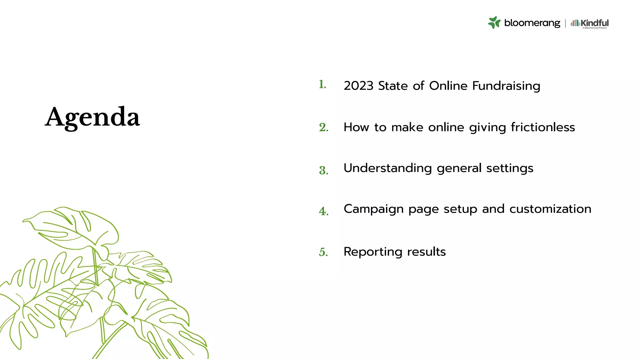Agenda
1.
2.
3.
4.
2023 State of Online Fundraising
Reporting results
How to make online giving frictionless
Understanding general settings
5.
Campaign page setup and customization
 