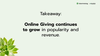 Takeaway:
Online Giving continues
to grow in popularity and
revenue.
 