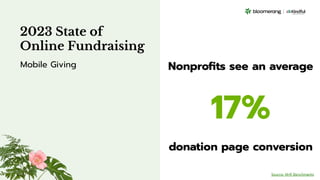 Nonproﬁts see an average
17%
donation page conversion
2023 State of
Online Fundraising
Mobile Giving
Source: M+R Benchmarks
 