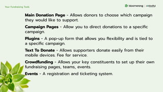 Main Donation Page - Allows donors to choose which campaign
they would like to support.
Campaign Pages - Allow you to direct donations to a speciﬁc
campaign.
Plugins - A pop-up form that allows you ﬂexibility and is tied to
a speciﬁc campaign.
Text To Donate - Allows supporters donate easily from their
mobile devices. Fee for service.
Crowdfunding - Allows your key constituents to set up their own
fundraising pages, teams, events.
Events - A registration and ticketing system.
Your Fundraising Tools
 