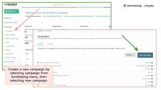 Create a new campaign by
selecting campaign from
fundraising menu, then
selecting new campaign.
 
