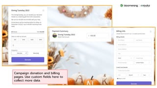Campaign donation and billing
pages. Use custom ﬁelds here to
collect more data.
 