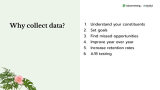 Why collect data? 1. Understand your constituents
2. Set goals
3. Find missed opportunities
4. Improve year over year
5. Increase retention rates
6. A/B testing
 