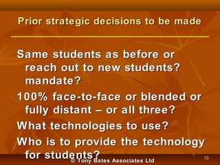 Prior strategic decisions to be made

Same students as before or
reach out to new students?
mandate?
100% face-to-face or ...