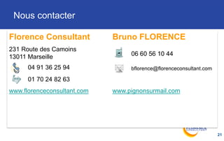 Nous contacter
21
Florence Consultant Bruno FLORENCE
231 Route des Camoins
13011 Marseille 06 60 56 10 44
04 91 36 25 94 bflorence@florenceconsultant.com
01 70 24 82 63
www.florenceconsultant.com www.pignonsurmail.com
 