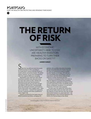 portfolio
                            How the wealthy are protecting and spending their money
                            54




                                           The return
                                             of risk
                                                                    with economic
                                                               uncertainty here to stay,
                                                                are wealthy investors
                                                                preparing to turn their
                                                                   backs on safety?
                                                                                          Andrew Shirley



                                         S      afety first was still very much the motto
                                         of HNWI investors in 2012, according to
                                         The Wealth Report’s annual Attitudes Survey of
                                                                                                               globally, with portfolio allocations increasing
                                                                                                               sharply and predicted to rise further this year
                                                                                                               (for more on commercial property markets,
                                         wealth advisors and private bankers. The global                       see p36). Equities, on average, still made up
                                         pattern, however, was far from homogeneous,                           15% of portfolios, but a net balance of 10% of
                                         with clear regional differences emerging.                             respondents said their clients reduced their
                                            Respondents were asked how their clients’                          exposure to stocks and shares last year.
                                         investment portfolios were allocated across                               Investors in emerging markets were some of
                                         the main asset classes in 2012, whether the                           the most vigorous in pruning their portfolios,
                                         allocation of each asset had increased or                             with respondents reporting a net balance of 29%
                                         decreased during the year and what changes                            and 42% respectively of Asian and Middle Eastern
                                         were likely in 2013 (see p57). Unsurprisingly,                        clients cutting back. Europeans (-1%) and North
                                         given the continued economic uncertainty in                           Americans (+11%) were more sanguine.
                                         much of the world, more tangible assets – often                           “In most cases, the capital that clients place
                                         seen as safe havens – retained their popularity                       with private banks tends to be their safer assets.
                                         last year, compared with those considered to                          The majority of clients feel that they take enough
                                         carry a higher risk.                                                  risks in their business on a day-to-day basis,” says
                                            Property accounted for the largest share of                        Ashraf Mazahreh, Head of Private Banking in the
                                         HNWI investment portfolios, averaging 22%                             UAE for the National Bank of Abu Dhabi.
Gallery stock/Ian Spanier




                                                                Survival in the bullring is a matter of calculated risk: investors are following suit
 