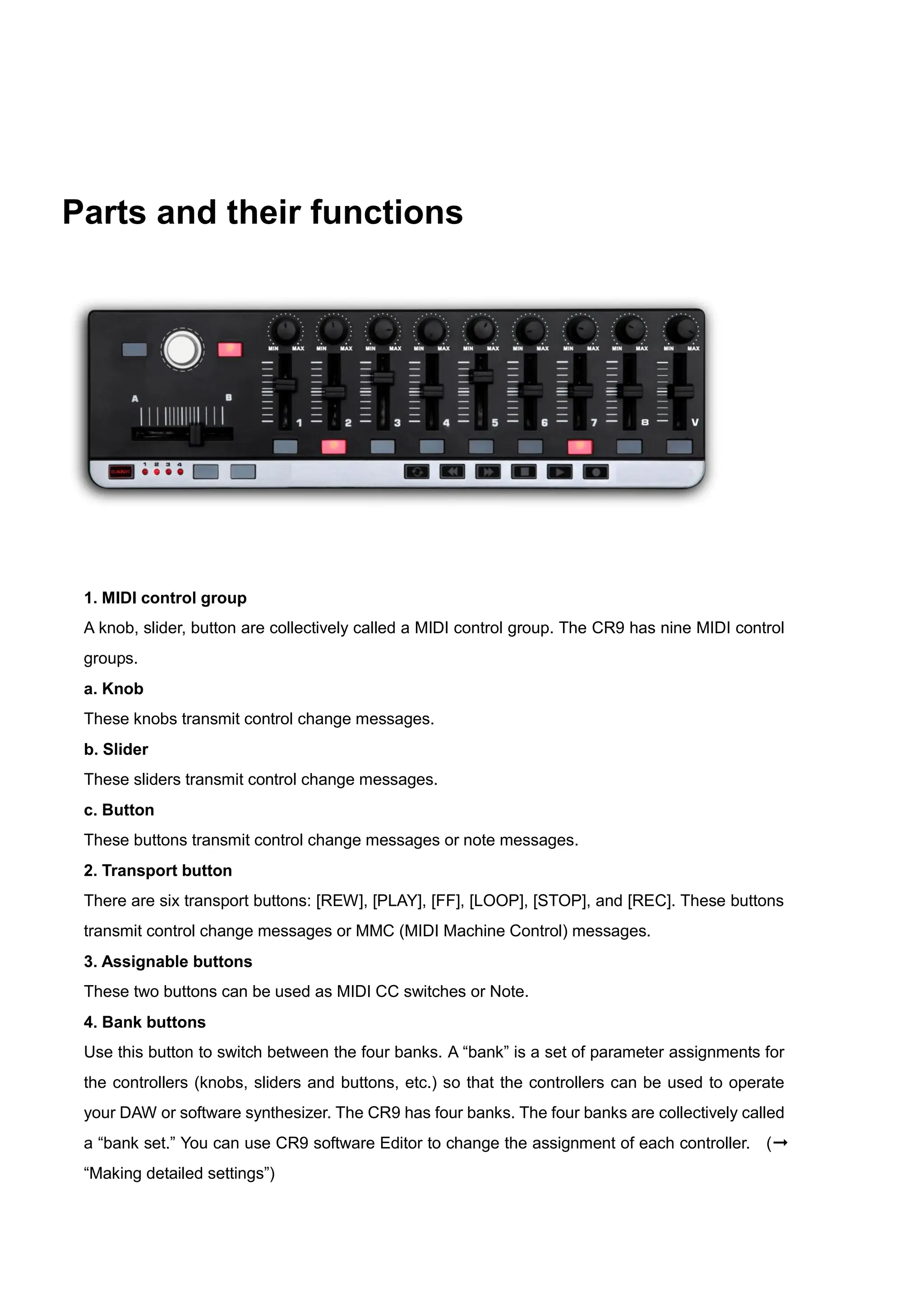 Parts and their functions
1. MIDI control group
A knob, slider, button are collectively called a MIDI control group. The CR9 has nine MIDI control
groups.
a. Knob
These knobs transmit control change messages.
b. Slider
These sliders transmit control change messages.
c. Button
These buttons transmit control change messages or note messages.
2. Transport button
There are six transport buttons: [REW], [PLAY], [FF], [LOOP], [STOP], and [REC]. These buttons
transmit control change messages or MMC (MIDI Machine Control) messages.
3. Assignable buttons
These two buttons can be used as MIDI CC switches or Note.
4. Bank buttons
Use this button to switch between the four banks. A “bank” is a set of parameter assignments for
the controllers (knobs, sliders and buttons, etc.) so that the controllers can be used to operate
your DAW or software synthesizer. The CR9 has four banks. The four banks are collectively called
a “bank set.” You can use CR9 software Editor to change the assignment of each controller. (➞
“Making detailed settings”)
 