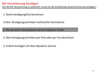 Kfz-­‐Versicherung	
  kündigen	
  

Um	
  die	
  Kfz-­‐Versicherung	
  zu	
  wechseln,	
  musst	
  du	
  die	
  bestehende	
  Autoversicherung	
  kündigen!	
  

1.	
  Deine	
  Kündigungsfrist	
  berechnen	
  
2.Dein	
  	
  Kündigungsschreiben	
  rechtssicher	
  formulieren	
  
3.	
  Die	
  aktuellen	
  Kontaktdaten	
  deines	
  Anbieters	
  ﬁnden	
  
4.	
  Dein	
  Kündigungsschreiben	
  per	
  Post	
  oder	
  per	
  Fax	
  abschicken	
  
5.	
  Einfach	
  kündigen	
  mit	
  dem	
  Aboalarm-­‐Service	
  

10

 