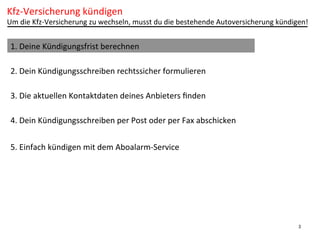 Kfz-­‐Versicherung	
  kündigen	
  

Um	
  die	
  Kfz-­‐Versicherung	
  zu	
  wechseln,	
  musst	
  du	
  die	
  bestehende	
  Autoversicherung	
  kündigen!	
  

1.	
  Deine	
  Kündigungsfrist	
  berechnen	
  
2.	
  Dein	
  Kündigungsschreiben	
  rechtssicher	
  formulieren	
  
3.	
  Die	
  aktuellen	
  Kontaktdaten	
  deines	
  Anbieters	
  ﬁnden	
  
4.	
  Dein	
  Kündigungsschreiben	
  per	
  Post	
  oder	
  per	
  Fax	
  abschicken	
  
5.	
  Einfach	
  kündigen	
  mit	
  dem	
  Aboalarm-­‐Service	
  

3

 