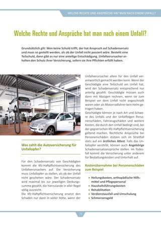 welche rechte und ansprüche hat man nach einem unfall?
Welche Rechte und Ansprüche hat man nach einem Unfall?
Was zahlt die Autoversicherung für
Unfallopfer?
Für den Schadensersatz von Geschädigten
kommt die Kfz-Haftpflichtversicherung des
Unfallverursachers auf. Die Versicherung
muss Unfallopfer so stellen, als ob der Unfall
nicht geschehen wäre. Der Schadensersatz
wird maximal bis zur jeweiligen Deckungs-
summe gezahlt, die hierzulande in aller Regel
völlig ausreicht.
Die Kfz-Haftpflichtversicherung ersetzt den
Schaden nur dann in voller Höhe, wenn der
Unfallverursacher allein für den Unfall ver-
antwortlich gemacht werden kann. Wenn der
Geschädigte eine Teilschuld am Unfall hat,
wird der Schadensersatz entsprechend nur
anteilig gezahlt. Geschädigte müssen auch
dann mit Abzügen rechnen, wenn sie zum
Beispiel vor dem Unfall nicht angeschnallt
waren oder als Motorradfahrer kein Helm ge-
tragen haben.
Geschädigte können je nach Art und Schwe-
re des Unfalls und der Unfallfolgen Perso-
nenschäden, Fahrzeugschäden und weitere
Kosten, die durch den Unfall bedingt sind, bei
der gegnerischen Kfz-Haftpflichtversicherung
geltend machen. Rechtliche Ansprüche bei
Personenschäden stützen sich im Streitfall
stets auf ein ärztliches Attest. Falls das Un-
fallopfer verstirbt, können auch Angehörige
Schadensersatzansprüche stellen. Im Todes-
fall kommt die Versicherung unter anderem
für Bestattungskosten und Unterhalt auf.
Kostenübernahme bei Personenschäden
zum Beispiel
ff Heilungskosten, orthopädische Hilfs-
mittel und Pflegepersonal
ff Haushaltsführungskosten
ff Rehabilitation
ff Verdienstausfall und Umschulung
ff Schmerzensgeld
Grundsätzlich gilt: Wen keine Schuld trifft, der hat Anspruch auf Schadensersatz
und muss so gestellt werden, als ob der Unfall nicht passiert wäre. Besteht eine
Teilschuld, dann gibt es nur eine anteilige Entschädigung. Unfallverursacher er-
halten den Schutz ihrer Versicherung, sofern sie ihre Pflichten erfüllt haben.
24
 