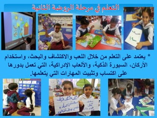 ٭ يعتمد على التعلم من خلال اللعب والاكتشاف والبحث، واستخدام 
الأركان، السبورة الذكية، والألعاب الإدراكية، التي تعمل بدورها 
على اكتساب وتثبيت المهارات التي يتعلمها. 
 