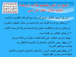 ٭ أن يقرأ ويميز الطالب جميع الحروف مع الحركات القصيرة والمدود. 
٭ أن يتمكن من قراءة كلمات بسرعة مناسبة من خلال التحليل والتجريد. 
أن يتمكن من قراءة )الكلمات البصرية( المحددة لمرحلة الروضة الثانية، 
٭ أن يتمكن الطالب من كتابة اسمه. 
٭ تهيئة وتدريب الطالب على كتابة كلمات مكونة من ثلاثة حروف. 
* أن يحفظ بعض الأناشيد والمختارات الشعرية للأطفال بما 
يتناسب مع فئتهم العمرية. 
٭ أن يحفظ بعض قصار السور والأدعية والأحاديث النبوية والأناشيد 
الدينية لدعم وغرس القيم الدينية. 
 