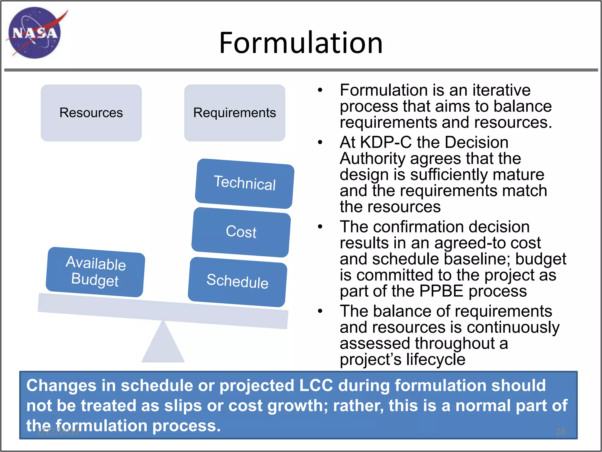 Formulation
                                      • Formulation is an iterative
    Resources         Requirements      process that aims to balance
                                        requirements and resources.
                                      • At KDP-C the Decision
                                        Authority agrees that the
                                        design is sufficiently mature
                                        and the requirements match
                                        the resources
                                      • The confirmation decision
                                        results in an agreed-to cost
                                        and schedule baseline; budget
                                        is committed to the project as
                                        part of the PPBE process
                                      • The balance of requirements
                                        and resources is continuously
                                        assessed throughout a
                                        project’s lifecycle
Changes in schedule or projected LCC during formulation should
not be treated as slips or cost growth; rather, this is a normal part of
the formulation process.
 1/22/2012                                                            28
 