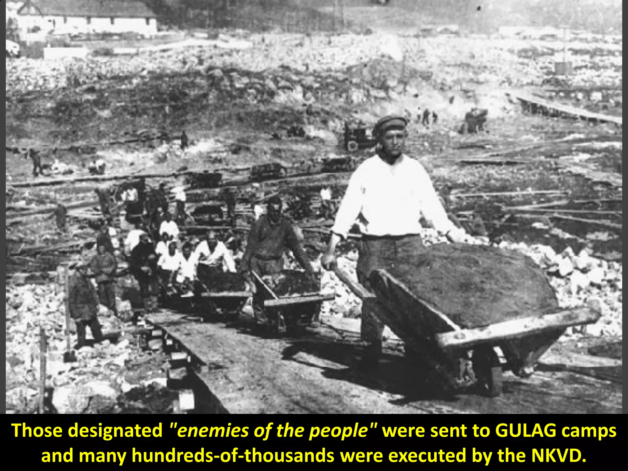 Those designated "enemies of the people" were sent to GULAG camps
and many hundreds-of-thousands were executed by the NKVD.
 