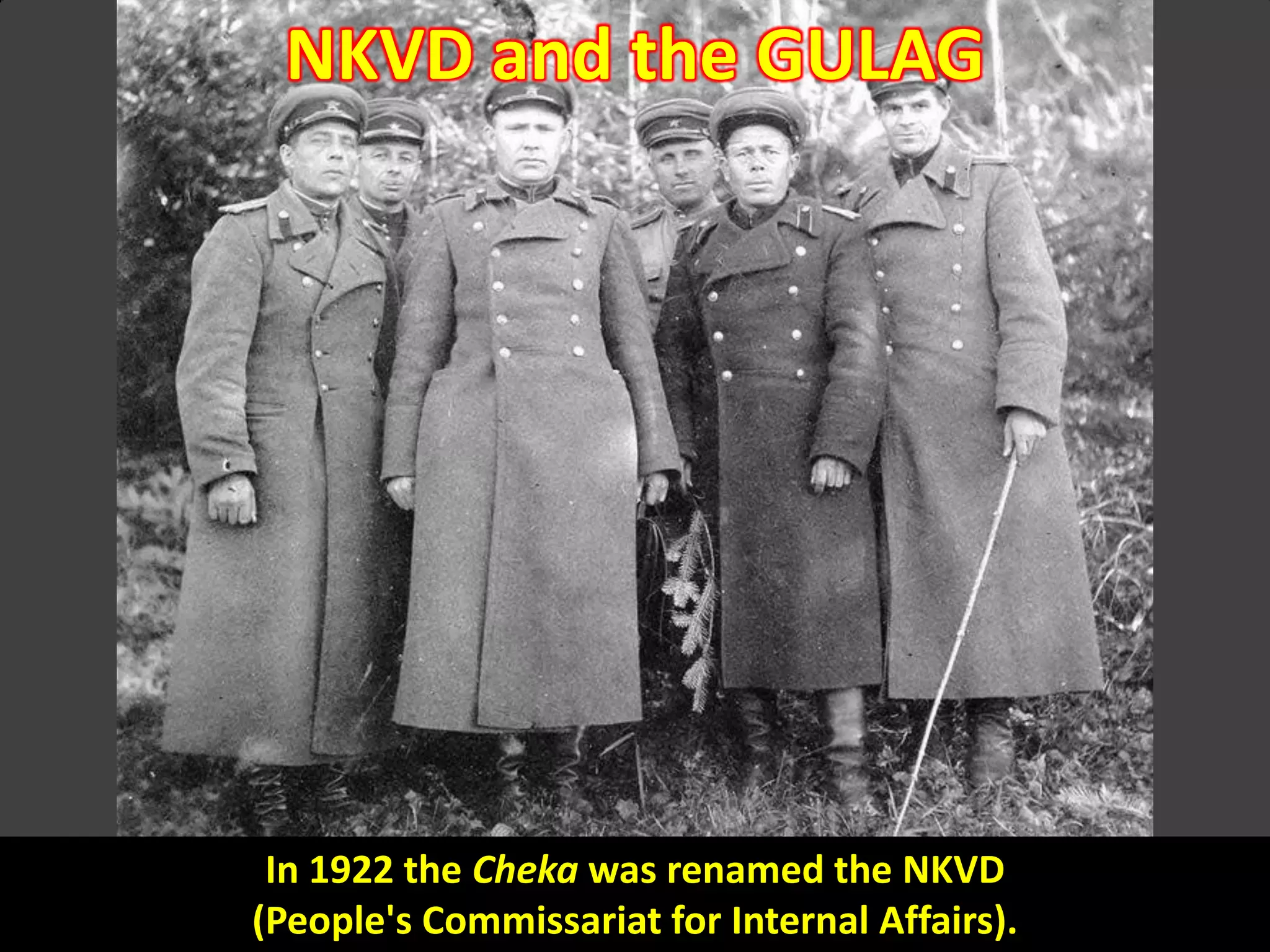 OFFICERS (NKVD)
NKVD and the GULAG
In 1922 the Cheka was renamed the NKVD
(People's Commissariat for Internal Affairs).
 