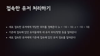 접속한 유저 처리하기
새로 접속한 유저에게 적당한 위치를 정해준다 (x = -10 ~ 10; z = -10 ~ 10)
기존에 접속해 있던 유저들에게 새 유저 위치/방향 등을 알려준다
새로 접속한 유저에게 기존에 접속해 있던 유저 정보를 알려준다
 