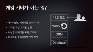 ORM
Database
네트워크
게임로직
게임 서버가 하는 일?
클라이언트 메시지를 받아서 처리
기획된 게임 로직을 실행
저장할 데이터를 표현 (ORM)
데이터를 잃어버리지 않게 저장
 