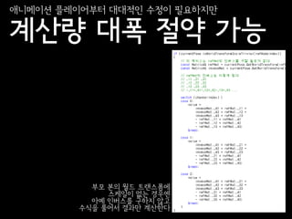 애니메이션 플레이어부터 대대적인 수정이 필요하지만

계산량 대폭 절약 가능




          부모 본의 월드 트랜스폼에
             스케일이 없는 경우엔
          아예 인버스를 구하지 않고
        수식을 풀어서 결과만 계산한다
 
