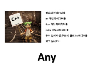 하나의 컨테이너에

 int 타입의 데이터를

 float 타입의 데이터를

 string 타입의 데이터를

 유저 정의 타입(구조체, 클래스) 데이터를

 담고 싶어요!!!




Any
 