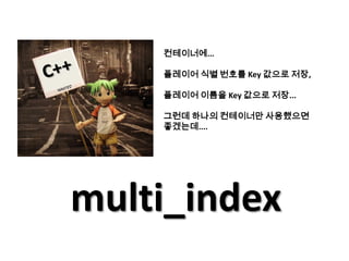 컨테이너에...

    플레이어 식별 번호를 Key 값으로 저장,

    플레이어 이름을 Key 값으로 저장...

    그런데 하나의 컨테이너만 사용했으면
    좋겠는데....




multi_index
 