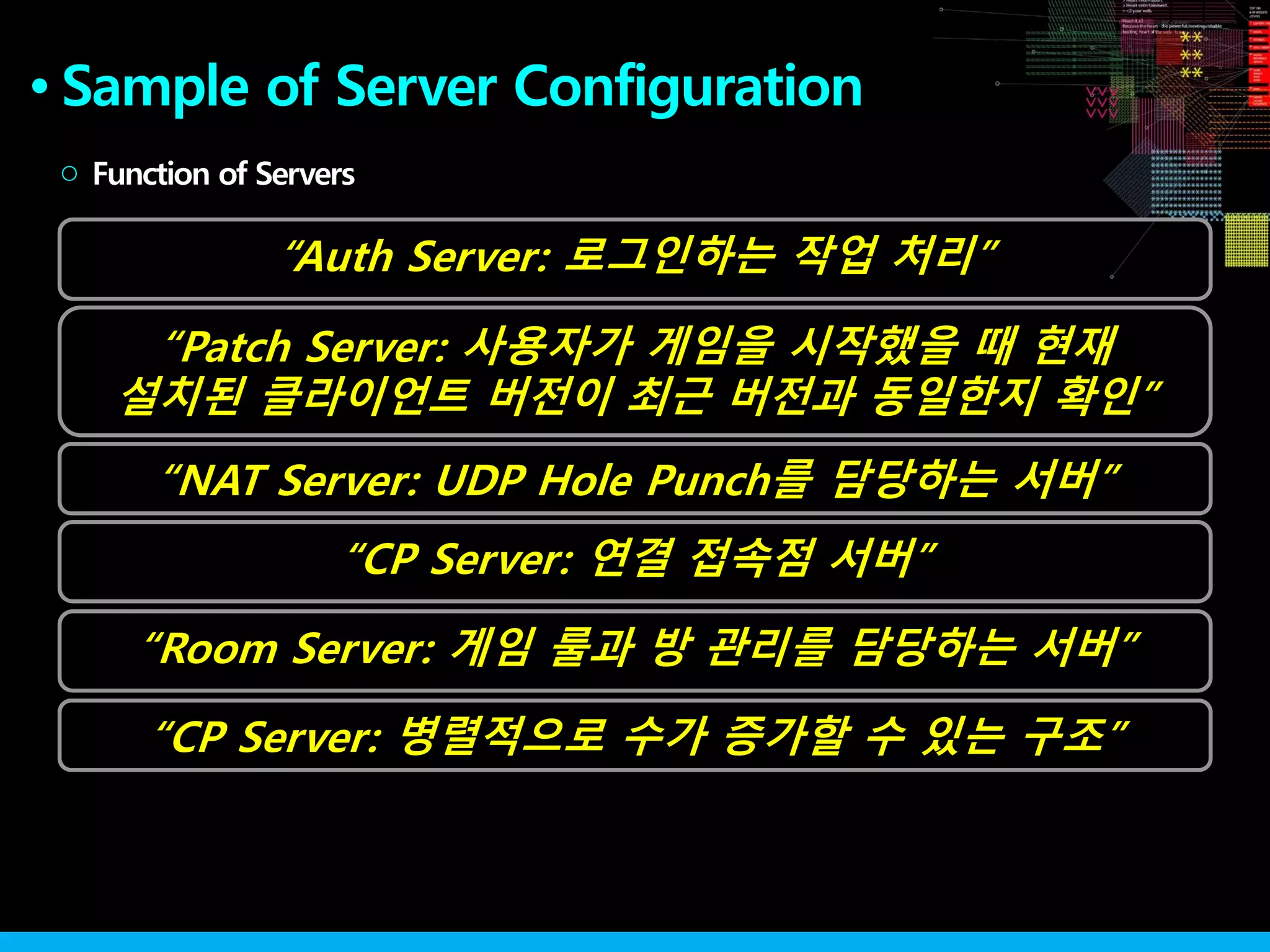 “Room Server: 게임 룰과 방 관리를 담당하는 서버”
“CP Server: 병렬적으로 수가 증가할 수 있는 구조”
Sample of Server Configuration●
“CP Server: 연결 접속점 서버”
Function of Servers○
“Patch Server: 사용자가 게임을 시작했을 때 현재
설치된 클라이언트 버전이 최근 버전과 동일한지 확인”
“NAT Server: UDP Hole Punch를 담당하는 서버”
“Auth Server: 로그인하는 작업 처리”
 