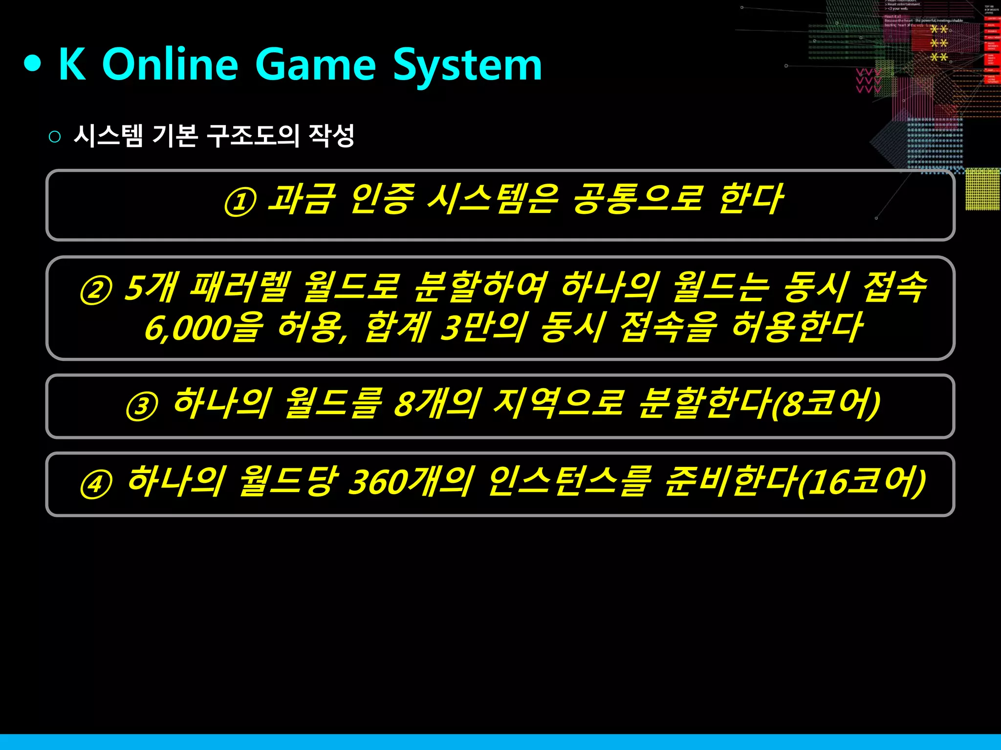 ② 5개 패러렐 월드로 분할하여 하나의 월드는 동시 접속
6,000을 허용, 합계 3만의 동시 접속을 허용한다
① 과금 인증 시스템은 공통으로 한다
시스템 기본 구조도의 작성○
③ 하나의 월드를 8개의 지역으로 분할한다(8코어)
④ 하나의 월드당 360개의 인스턴스를 준비한다(16코어)
K Online Game System●
 