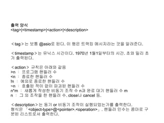 출력 양식
<tag>|<timestamp>|<action>|<description>


＜tag＞는 보통 @asio로 된다. 이 행은 트랙킹 메시지라는 것을 알려준다.

＜timestamp＞는 유닉스 시간이다. 1970년 1월1일부터의 시간. 초와 밀리 초
가 출력된다.

＜action＞ 규칙은 아래와 같음
>n ： 프로그램 핸들러 수
<n ： 종료한 핸들러 수
!n ： 예외로 종료한 핸들러 수
~n ： 호출된 적이 없이 파괴된 핸들러 수
n*m ： 새롭게 작성한 비동기 조작 수 n과 완료 대기 핸들러 수 m
n ： 그 외 조작을 한 핸들러 수. close나 cancel 등.

＜description＞는 동기 or 비동기 조작이 실행되었는가를 출력한다.
형식은 「<object-type>@<pointer>.<operation>」. 핸들러 인수는 콤마로 구
분된 리스트로서 출력한다.
 