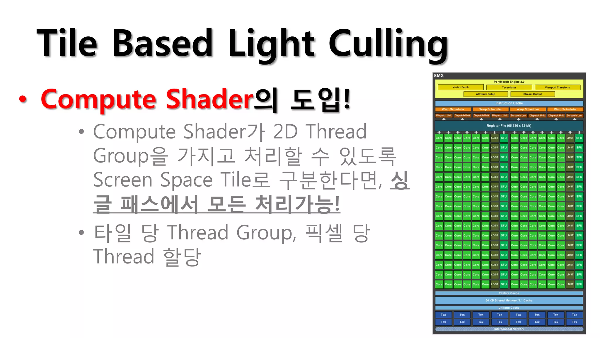 Tile Based Light Culling
• Compute Shader의 도입!
   • Compute Shader가 2D Thread
     Group을 가지고 처리할 수 있도록
     Screen Space Tile로 구분한다면, 싱
     글 패스에서 모든 처리가능!
   • 타일 당 Thread Group, 픽셀 당
     Thread 할당
 