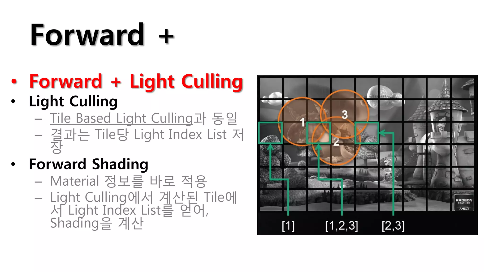 Forward +
• Forward + Light Culling
• Light Culling
   – Tile Based Light Culling과 동일
   – 결과는 Tile당 Light Index List 저
     장
• Forward Shading
   – Material 정보를 바로 적용
   – Light Culling에서 계산된 Tile에
     서 Light Index List를 얻어,
     Shading을 계산
 