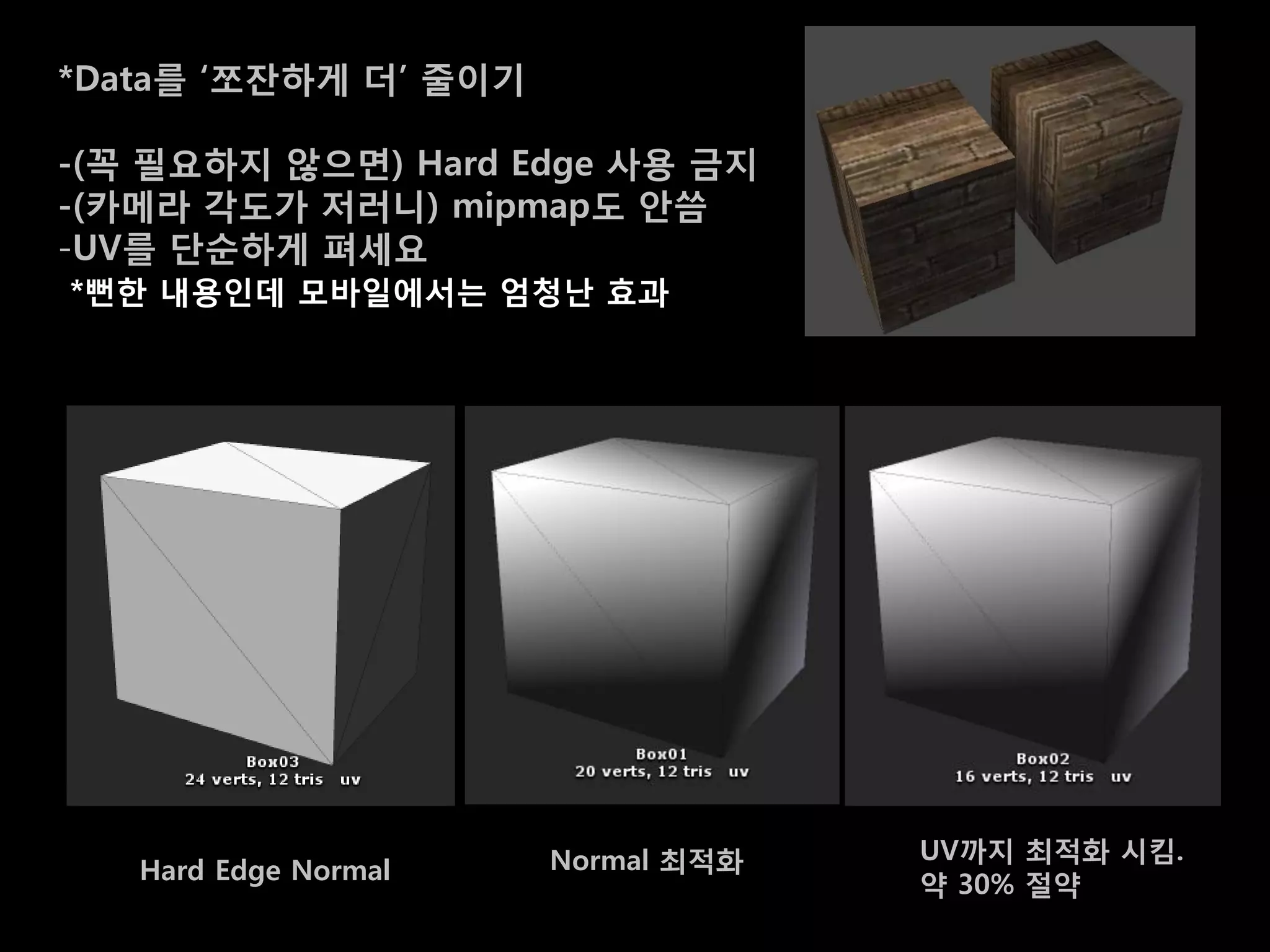*Data를 „쪼잒하게 더‟ 줄이기

-(꼭 필요하지 않으면) Hard Edge 사용 금지
-(카메라 각도가 저러니) mipmap도 앆씀
-UV를 단순하게 펴세요
*뻔한 내용인데 모바일에서는 엄청난 효과




                      Normal 최적화   UV까지 최적화 시킴.
   Hard Edge Normal                약 30% 젃약
 