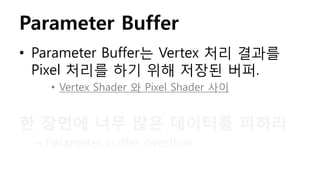 Parameter Buffer
• Parameter Buffer는 Vertex 처리 결과를
Pixel 처리를 하기 위해 저장된 버퍼.
• Vertex Shader 와 Pixel Shader 사이
한 장면에 너무 많은 데이터를 피하라
– Parameter buffer overflow
 