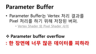 Parameter Buffer
• Parameter Buffer는 Vertex 처리 결과를
Pixel 처리를 하기 위해 저장된 버퍼.
• Vertex Shader 와 Pixel Shader 사이
 Parameter buffer overflow
: 한 장면에 너무 많은 데이터를 피하라
 