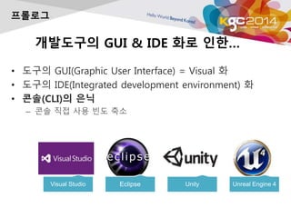 ????? GUI & IDE ?? ??
? ??? GUI(Graphic User Interface) = Visual ?
? ??? IDE(Integrated development environment) ?
? ??(CLI)? ??
C ?? ?? ?? ?? ??
????
Visual Studio Eclipse Unity Unreal Engine 4
 
