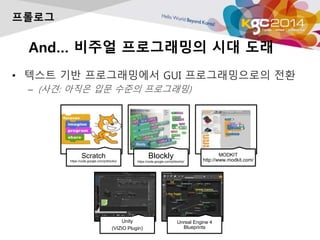 And ??? ?????? ?? ??
? ??? ?? ??????? GUI ???????? ??
C (??: ??? ?? ??? ?????)
????
Scratch
https://code.google.com/p/blockly/
Blockly
https://code.google.com/p/blockly/
MODKIT
http://www.modkit.com/
Unity
(VIZIO Plugin)
Unreal Engine 4
Blueprints
 