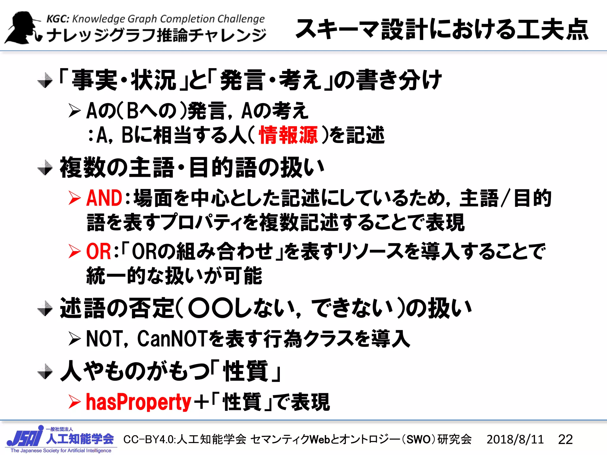 CC-BY4.0:人工知能学会 セマンティクWebとオントロジー（SWO）研究会
スキーマ設計における工夫点
「事実・状況」と「発言・考え」の書き分け
Aの（Bへの）発言，Aの考え
：A，Bに相当する人（情報源）を記述
複数の主語・目的語の扱い
AND：場面を中心とした記述にしているため，主語/目的
語を表すプロパティを複数記述することで表現
OR：「ORの組み合わせ」を表すリソースを導入することで
統一的な扱いが可能
述語の否定（〇〇しない，できない）の扱い
NOT，CanNOTを表す行為クラスを導入
人やものがもつ「性質」
hasProperty＋「性質」で表現
222018/8/11
 