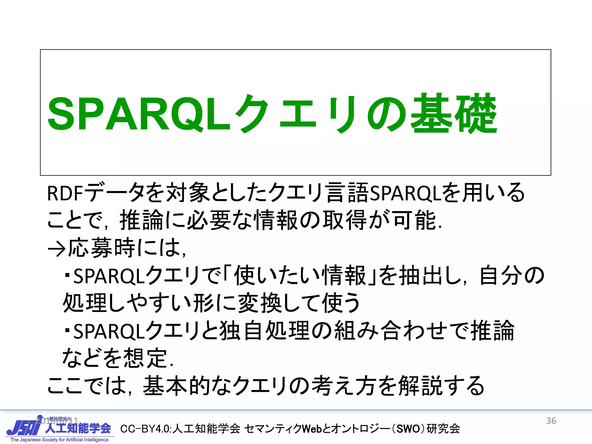 CC-BY4.0:人工知能学会 セマンティクWebとオントロジー（SWO）研究会
SPARQLクエリの基礎
2018/8/11 36
RDFデータを対象としたクエリ言語SPARQLを用いる
ことで，推論に必要な情報の取得が可能．
→応募時には，
・SPARQLクエリで「使いたい情報」を抽出し，自分の
処理しやすい形に変換して使う
・SPARQLクエリと独自処理の組み合わせで推論
などを想定．
ここでは，基本的なクエリの考え方を解説する
 