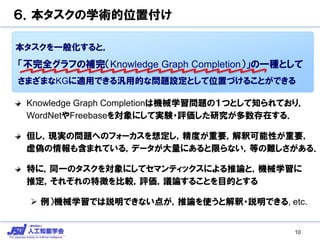 ６．本タスクの学術的位置付け
タスクを一般化すると，
「不完全グラフの補完（Knowledge Graph Completion）」の一種として，
あらゆるKGに適用できる汎用的な問題設定として位置づけることができる
Knowledge Graph Completionは機械学習問題の１つとして知られており，
WordNetやFreebaseを対象にして実験・評価した研究が多数存在する．
但し，現実の問題へのフォーカスを想定し，精度が重要，解釈可能性が重要，
虚偽の情報も含まれている，データが大量にあると限らない，等の難しさがある．
特に，同一のタスクを対象にしてセマンティックスによる推論と，機械学習に
推定，それぞれの特徴を比較，評価，議論することを目的とする
 例）機械学習では説明できない点が，推論を使うと解釈・説明できる, etc.
本タスクを一般化すると，
「不完全グラフの補完（Knowledge Graph Completion）」の一種として
さまざまなKGに適用できる汎用的な問題設定として位置づけることができる
10
 