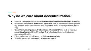 Why do we care about decentralization?
● Personal knowledge graphs need to put personal data ownership and protection ﬁrst
● Users want services that work across application silos or social media walled gardens
(e.g., the BBC’s music recommendation engine that works across Spotify, BBC Music,
etc.)
● Users that maintain personally-identiﬁable information (PII) in pods or hubs can
prevent duplication of their PII and verify credentials without having to share
correlatable identiﬁers
● PII controlled and stored by users in their own pods or hubs
● To verify credentials, businesses can avoid storing PII
10
 